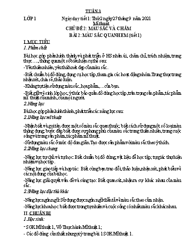 Kế hoạch dạy học môn Mĩ thuật Lớp 1-5 - Tuần 3 - Năm học 2021-2022 - Trần Thị Tố Hoa