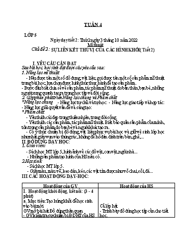 Kế hoạch dạy học môn Mĩ thuật Lớp 1-5 - Tuần 4 - Năm học 2022-2023 - Trần Thị Tố Hoa