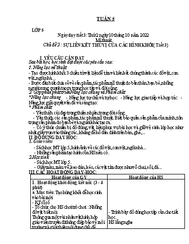 Kế hoạch dạy học môn Mĩ thuật Lớp 1-5 - Tuần 5 - Năm học 2022-2023 - Trần Thị Tố Hoa