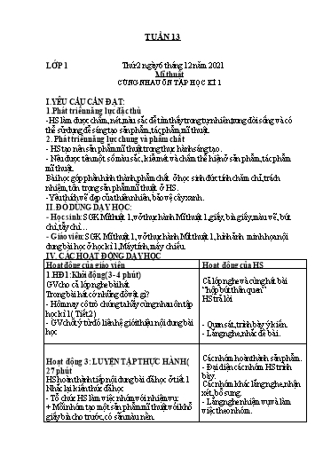 Kế hoạch dạy học môn Mĩ thuật Lớp 1 - Tuần 13 - Năm học 2022-2023 - Trần Thị Tố Hoa