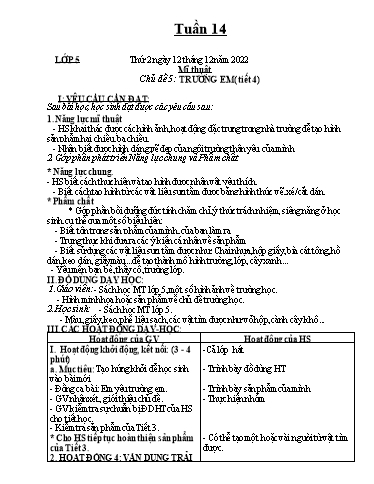 Kế hoạch dạy học môn Mĩ thuật Lớp 1 - Tuần 14 - Năm học 2022-2023 - Trần Thị Tố Hoa