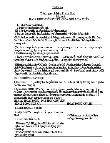 Kế hoạch dạy học môn Mĩ thuật Lớp 2 - Tuần 10 - Năm học 2021-2022 - Trần Thị Tố Hoa