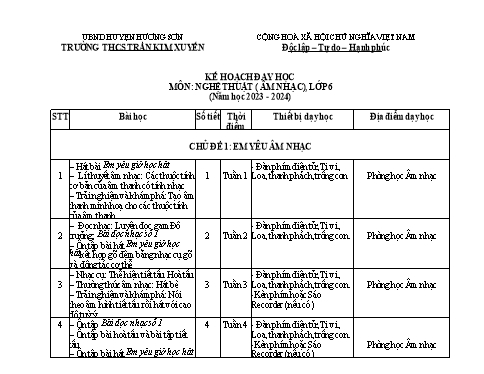 Kế hoạch dạy học môn Nghệ thuật (Âm nhạc) THCS - Năm học 2023-2024 - Hồ Văn Công
