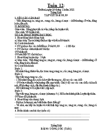 Kế hoạch dạy học môn Tiếng Việt 1 - Tuần 12 - Năm học 2021-2022 - Trần Thị Hoài Nam