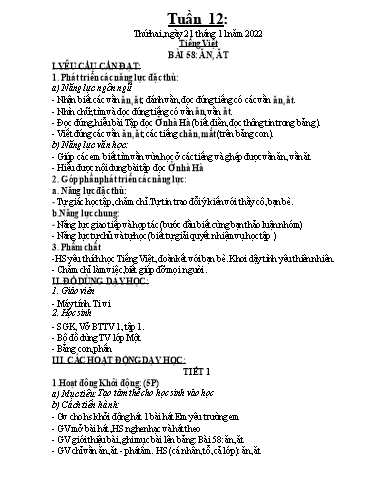 Kế hoạch dạy học môn Tiếng Việt 1 - Tuần 12 - Năm học 2022-2023 - Trần Thị Hoài Nam