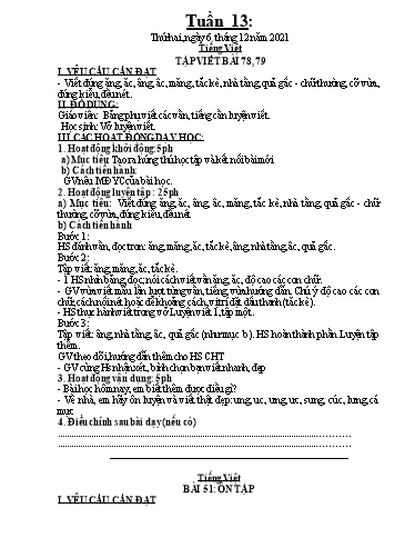 Kế hoạch dạy học môn Tiếng Việt 1 - Tuần 13 - Năm học 2021-2022 - Trần Thị Hoài Nam