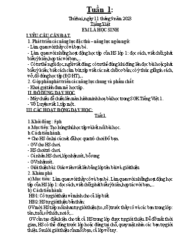 Kế hoạch dạy học môn Toán + Tiếng Việt 1 - Tuần 1 - Năm học 2022-2023 - Trần Thị Hoài Nam