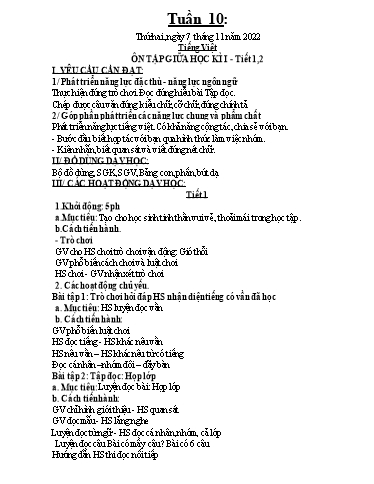 Kế hoạch dạy học môn Toán + Tiếng Việt 1 - Tuần 10 - Năm học 2022-2023 - Trần Thị Hoài Nam