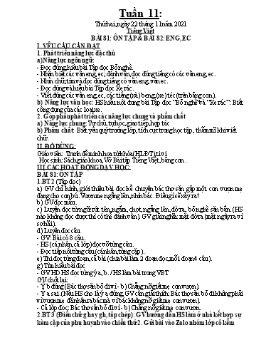 Kế hoạch dạy học môn Toán + Tiếng Việt 1 - Tuần 11 - Năm học 2021-2022 - Trần Thị Hoài Nam