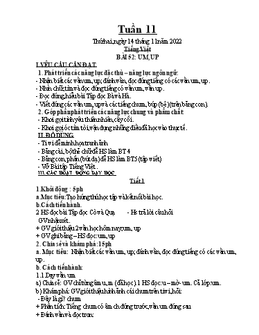 Kế hoạch dạy học môn Toán + Tiếng Việt 1 - Tuần 11 - Năm học 2022-2023 - Trần Thị Hoài Nam