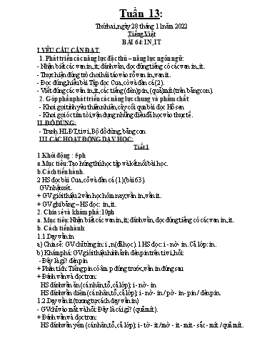 Kế hoạch dạy học môn Toán + Tiếng Việt 1 - Tuần 13 - Năm học 2022-2023 - Trần Thị Hoài Nam