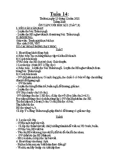 Kế hoạch dạy học môn Toán + Tiếng Việt 1 - Tuần 14 - Năm học 2021-2022 - Trần Thị Hoài Nam