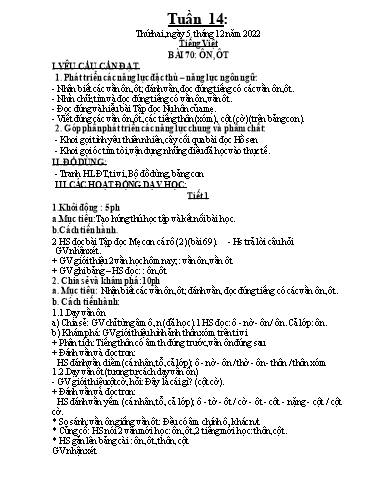 Kế hoạch dạy học môn Toán + Tiếng Việt 1 - Tuần 14 - Năm học 2022-2023 - Trần Thị Hoài Nam