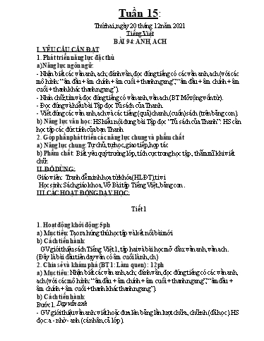 Kế hoạch dạy học môn Toán + Tiếng Việt 1 - Tuần 15 - Năm học 2021-2022 - Trần Thị Hoài Nam