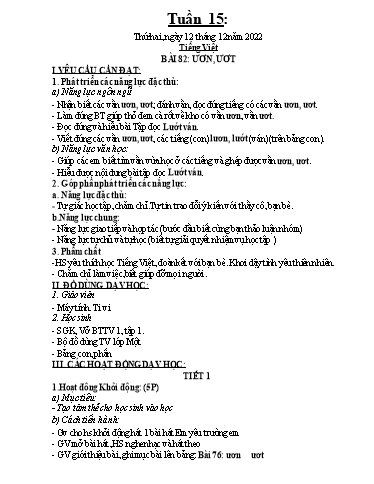 Kế hoạch dạy học môn Toán + Tiếng Việt 1 - Tuần 15 - Năm học 2022-2023 - Trần Thị Hoài Nam