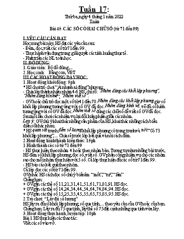 Kế hoạch dạy học môn Toán + Tiếng Việt 1 - Tuần 17 - Năm học 2021-2022 - Trần Thị Hoài Nam