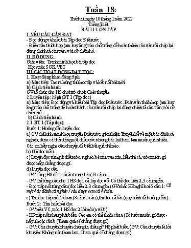 Kế hoạch dạy học môn Toán + Tiếng Việt 1 - Tuần 18 - Năm học 2021-2022 - Trần Thị Hoài Nam