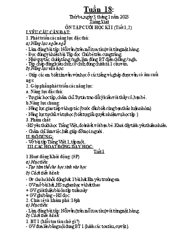 Kế hoạch dạy học môn Toán + Tiếng Việt 1 - Tuần 18 - Năm học 2022-2023 - Trần Thị Hoài Nam