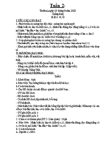 Kế hoạch dạy học môn Toán + Tiếng Việt 1 - Tuần 2 - Năm học 2023-2024 - Trần Thị Hoài Nam