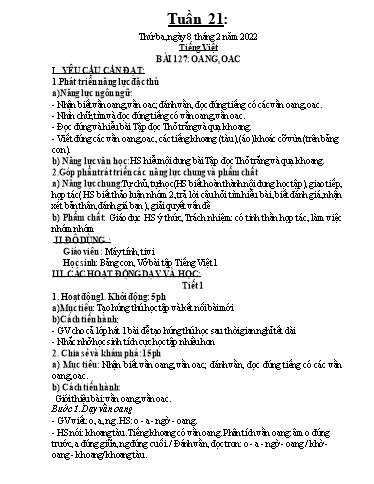 Kế hoạch dạy học môn Toán + Tiếng Việt 1 - Tuần 21 - Năm học 2021-2022 - Trần Thị Hoài Nam