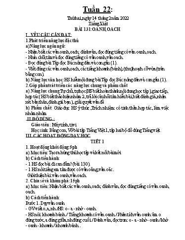 Kế hoạch dạy học môn Toán + Tiếng Việt 1 - Tuần 22 - Năm học 2021-2022 - Trần Thị Hoài Nam