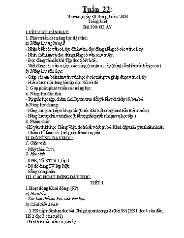 Kế hoạch dạy học môn Toán + Tiếng Việt 1 - Tuần 22 - Năm học 2022-2023 - Trần Thị Hoài Nam