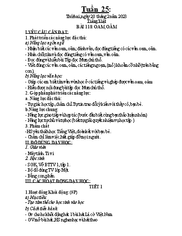 Kế hoạch dạy học môn Toán + Tiếng Việt 1 - Tuần 25 - Năm học 2022-2023 - Trần Thị Hoài Nam