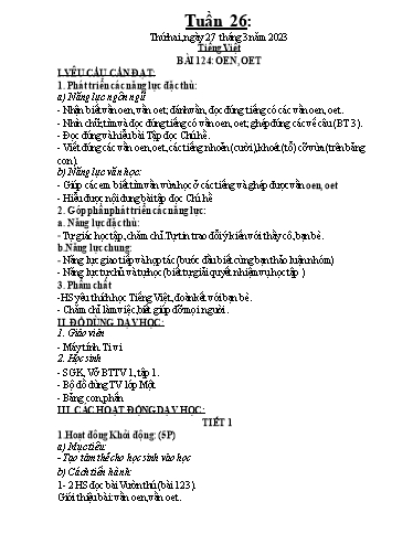 Kế hoạch dạy học môn Toán + Tiếng Việt 1 - Tuần 26 - Năm học 2022-2023 - Trần Thị Hoài Nam