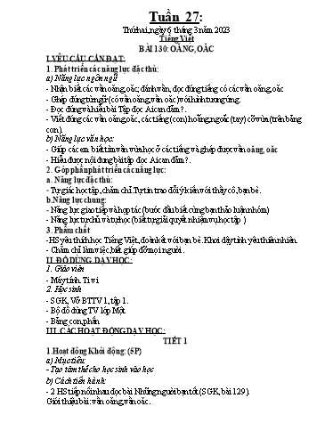 Kế hoạch dạy học môn Toán + Tiếng Việt 1 - Tuần 27 - Năm học 2022-2023 - Trần Thị Hoài Nam