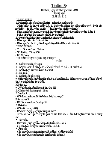 Kế hoạch dạy học môn Toán + Tiếng Việt 1 - Tuần 3 - Năm học 2021-2022 - Trần Thị Hoài Nam
