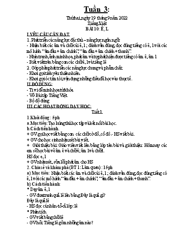 Kế hoạch dạy học môn Toán + Tiếng Việt 1 - Tuần 3 - Năm học 2022-2023 - Trần Thị Hoài Nam