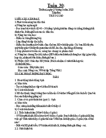 Kế hoạch dạy học môn Toán + Tiếng Việt 1 - Tuần 30 - Năm học 2022-2023 - Trần Thị Hoài Nam
