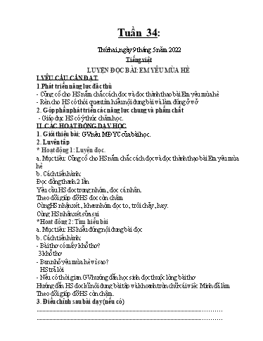 Kế hoạch dạy học môn Toán + Tiếng Việt 1 - Tuần 34 - Năm học 2021-2022 - Trần Thị Hoài Nam