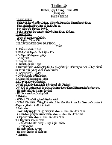 Kế hoạch dạy học môn Toán + Tiếng Việt 1 - Tuần 4 - Năm học 2021-2022 - Trần Thị Hoài Nam