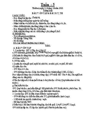 Kế hoạch dạy học môn Toán + Tiếng Việt 1 - Tuần 5 - Năm học 2021-2022 - Trần Thị Hoài Nam