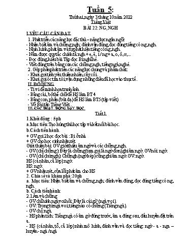Kế hoạch dạy học môn Toán + Tiếng Việt 1 - Tuần 5 - Năm học 2022-2023 - Trần Thị Hoài Nam