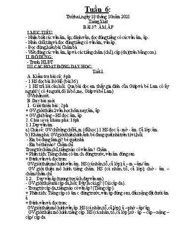 Kế hoạch dạy học môn Toán + Tiếng Việt 1 - Tuần 6 - Năm học 2021-2022 - Trần Thị Hoài Nam