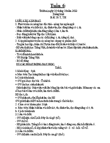 Kế hoạch dạy học môn Toán + Tiếng Việt 1 - Tuần 6 - Năm học 2022-2023 - Trần Thị Hoài Nam