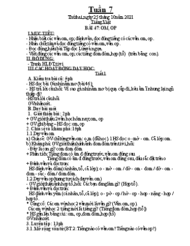 Kế hoạch dạy học môn Toán + Tiếng Việt 1 - Tuần 7 - Năm học 2021-2022 - Trần Thị Hoài Nam