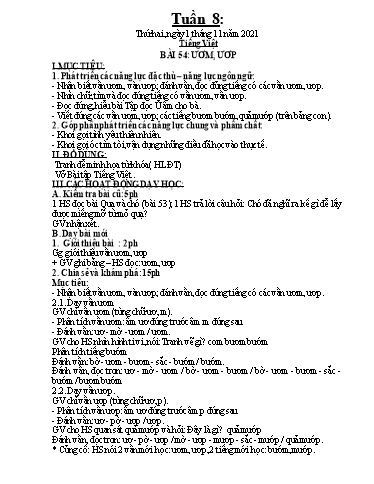 Kế hoạch dạy học môn Toán + Tiếng Việt 1 - Tuần 8 - Năm học 2021-2022 - Trần Thị Hoài Nam
