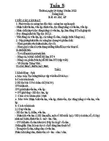 Kế hoạch dạy học môn Toán + Tiếng Việt 1 - Tuần 8 - Năm học 2022-2023 - Trần Thị Hoài Nam