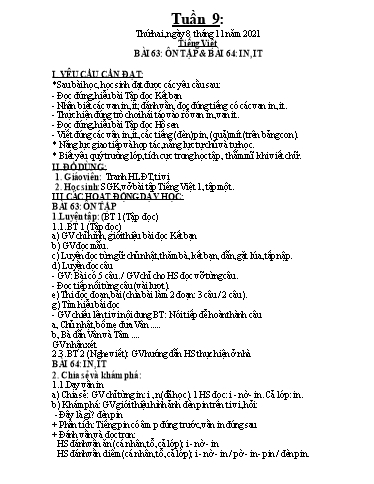 Kế hoạch dạy học môn Toán + Tiếng Việt 1 - Tuần 9 - Năm học 2021-2022 - Trần Thị Hoài Nam
