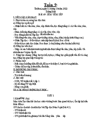 Kế hoạch dạy học môn Toán + Tiếng Việt 1 - Tuần 9 - Năm học 2022-2023 - Trần Thị Hoài Nam