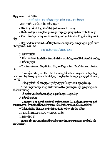 Kế hoạch Hoạt động trải nghiệm 6 - Chủ đề 1: Trường học của em - Tháng 9 - Năm học 2022-2023 - Nguyễn Quỳnh Chi